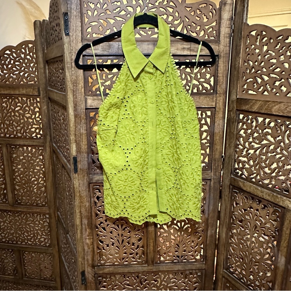 NWT Ryegrass Green Halter‎ Eyelet Blouse Top Buttoned Blouse size 6 reg $75